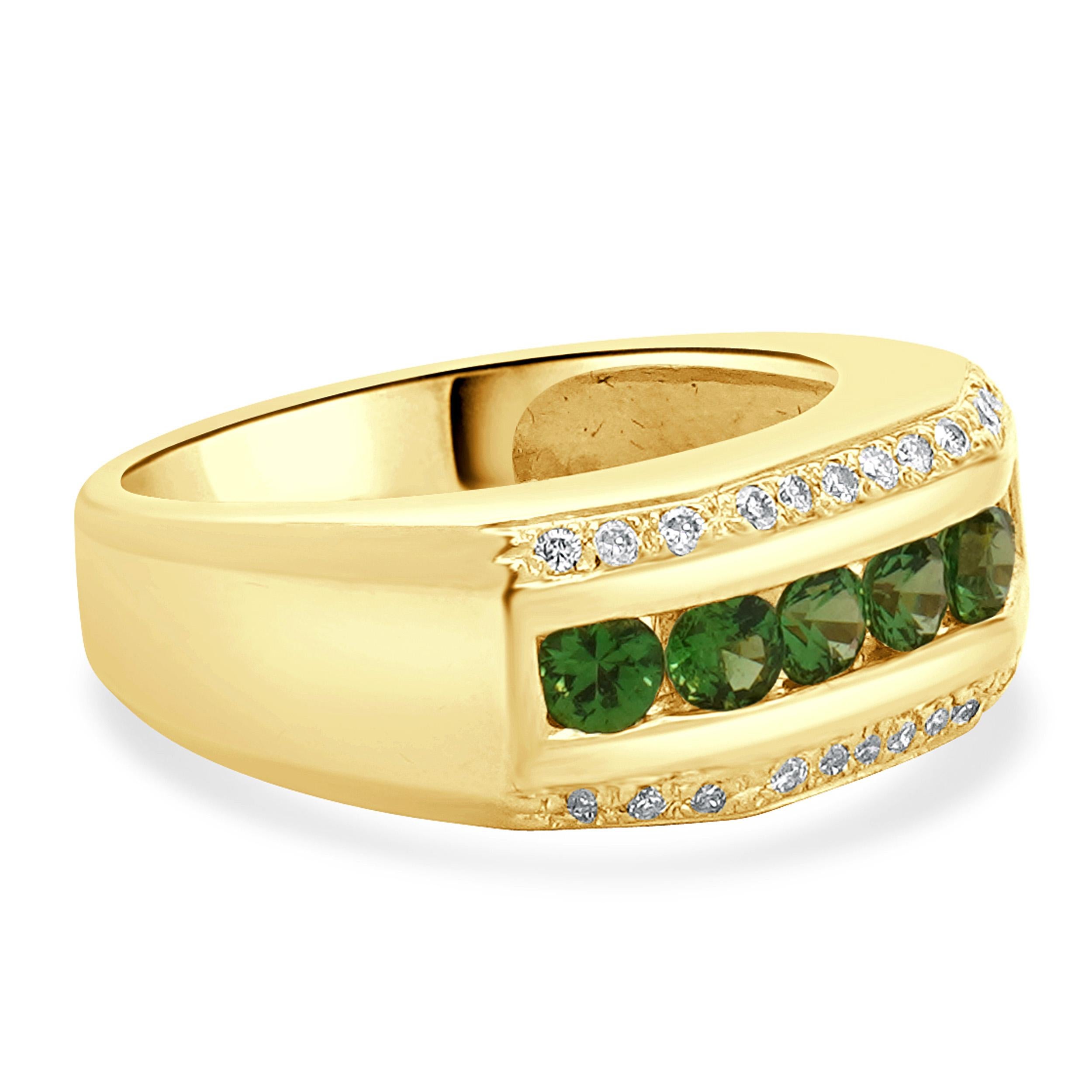 Bague à trois rangées de tourmalines vertes et diamants en or jaune 14 carats Excellent état - En vente à Scottsdale, AZ