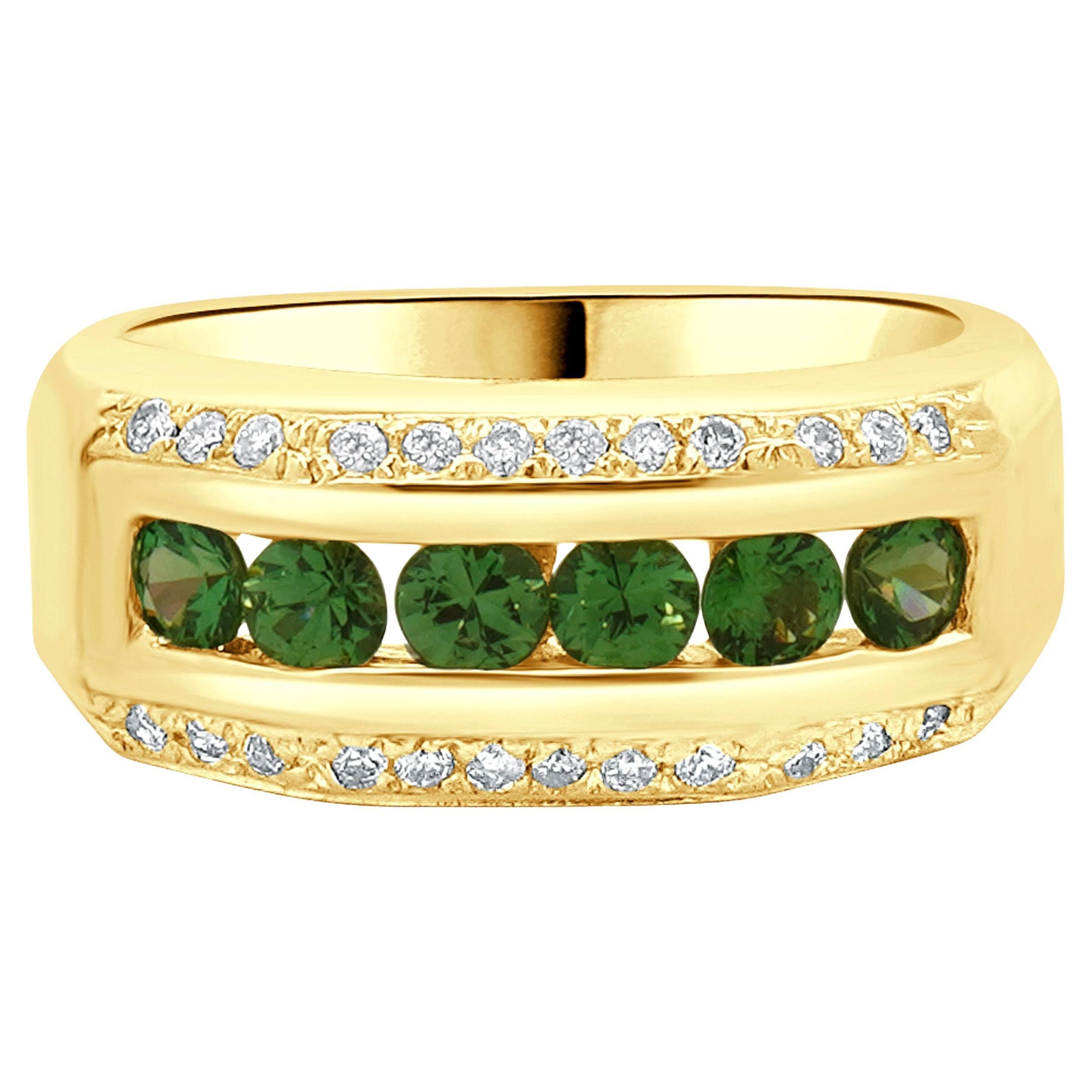 Bague à trois rangées de tourmalines vertes et diamants en or jaune 14 carats