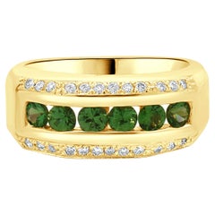 Bague à trois rangées de tourmalines vertes et diamants en or jaune 14 carats