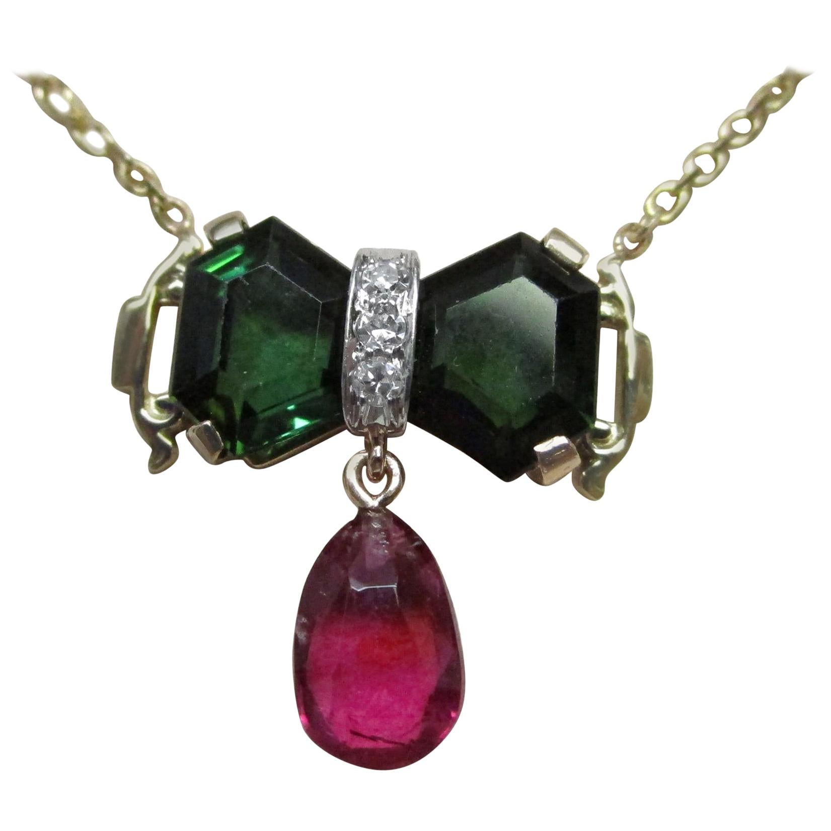 14 Karat Yellow Gold Green Tourmaline and Rubellite Tourmaline Diamond Necklace