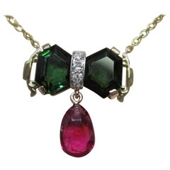 14 Karat Yellow Gold Green Tourmaline and Rubellite Tourmaline Diamond Necklace