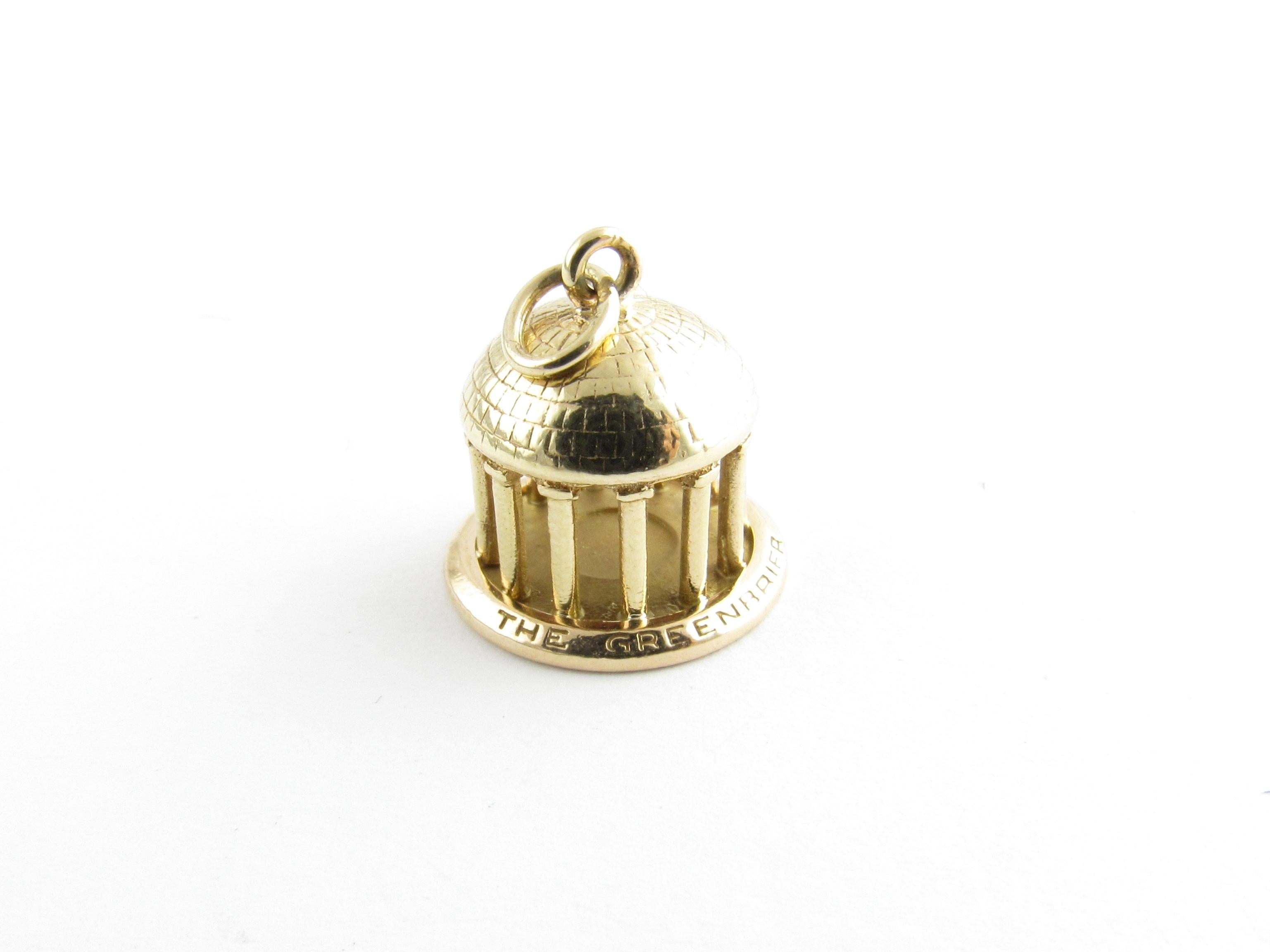 Vintage 14 Karat Yellow Gold Greenbrier Dome Charm

Located in the Allegheny mountains of West Virginia, the Greenbrier Resort is a national historical landmark.

This lovely 3D charm features the historical dome meticulously detailed in 14K yellow