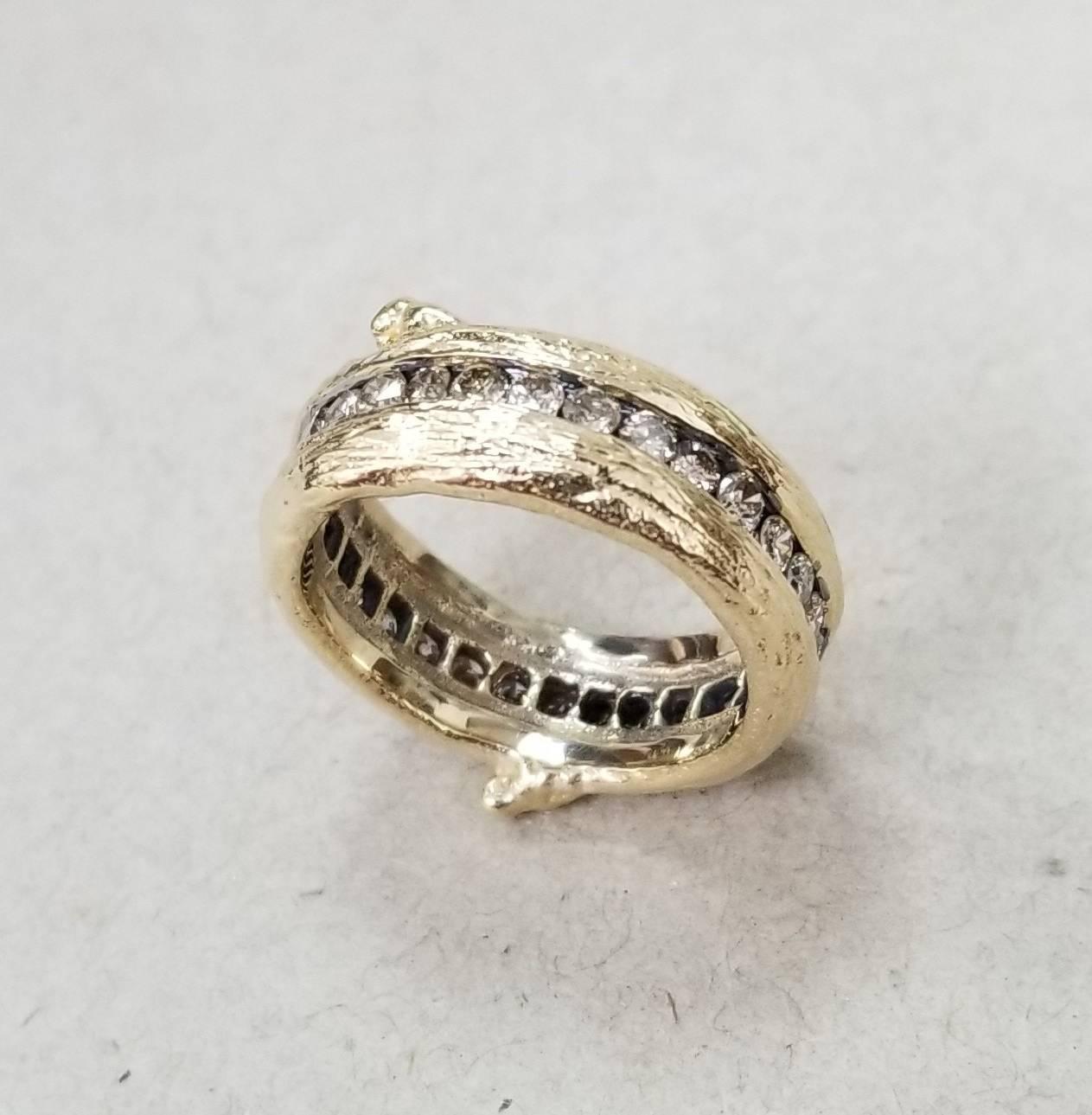 Arts and Crafts 14 Karat Yellow Gold Gresha Signature Bark and Diamond Eternity Ring For Sale