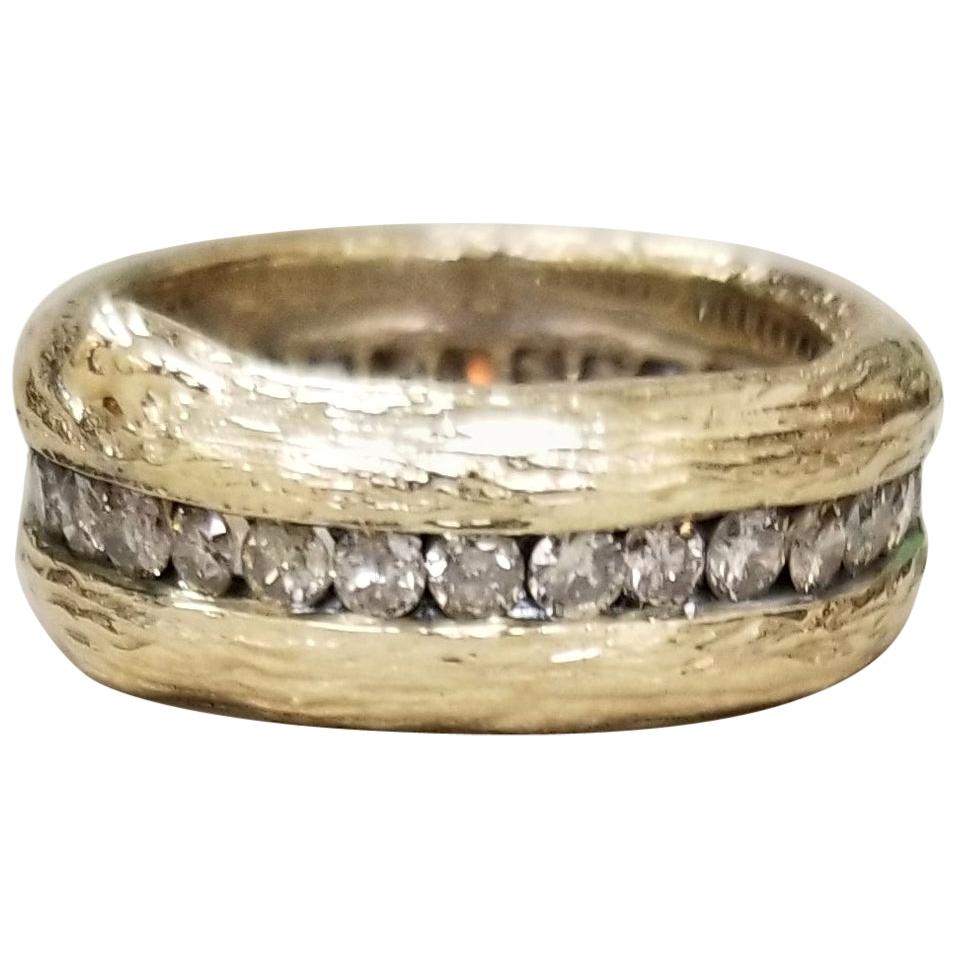 14 Karat Yellow Gold Gresha Signature Bark and Diamond Eternity Ring For Sale