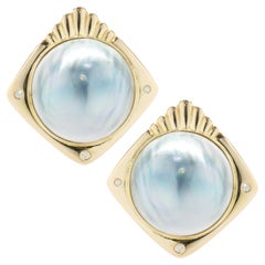 14 Karat Yellow Gold Grey Mabe Pearl and Diamond Earrings