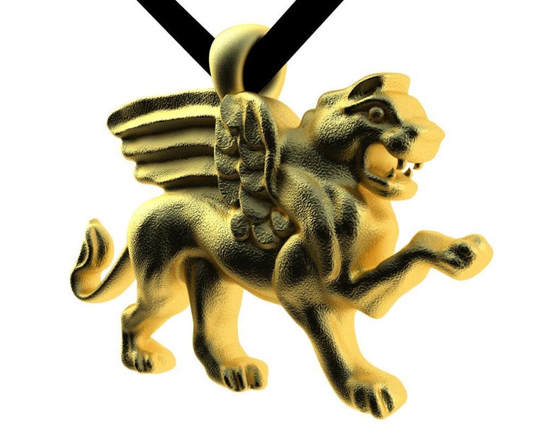 14 Karat Yellow Gold Griffin Pendant Necklace.  Tiffany designer , Thomas Kurilla created this for 1st dibs exclusively. Sculpture is my passion. This griffin is getting ready to take on his enemy 4 teeth and all. 25 mm wide x 17.2 mm high. on  32