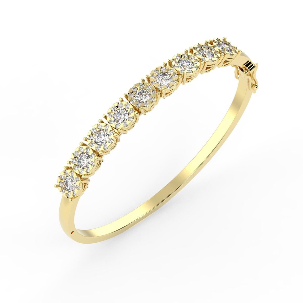 This diamond bangle showcases petite round diamonds Micro Prong-set in 14k white gold diamond halo of diamond for a total carat weight of 3.25 total carat weight.

Product details: 

Center Gemstone Type: NATURAL DIAMOND
Center Gemstone Color:
