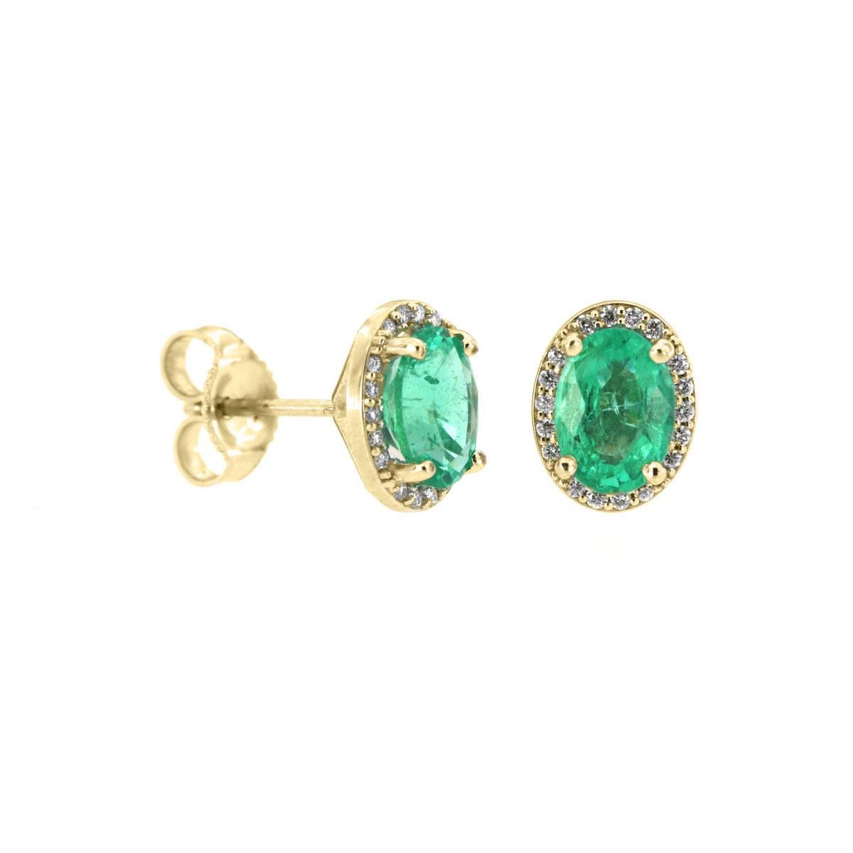 Round Cut 14 Karat Yellow Gold Halo Diamonds and Emeralds Earrings '1 1/2 Carat' For Sale