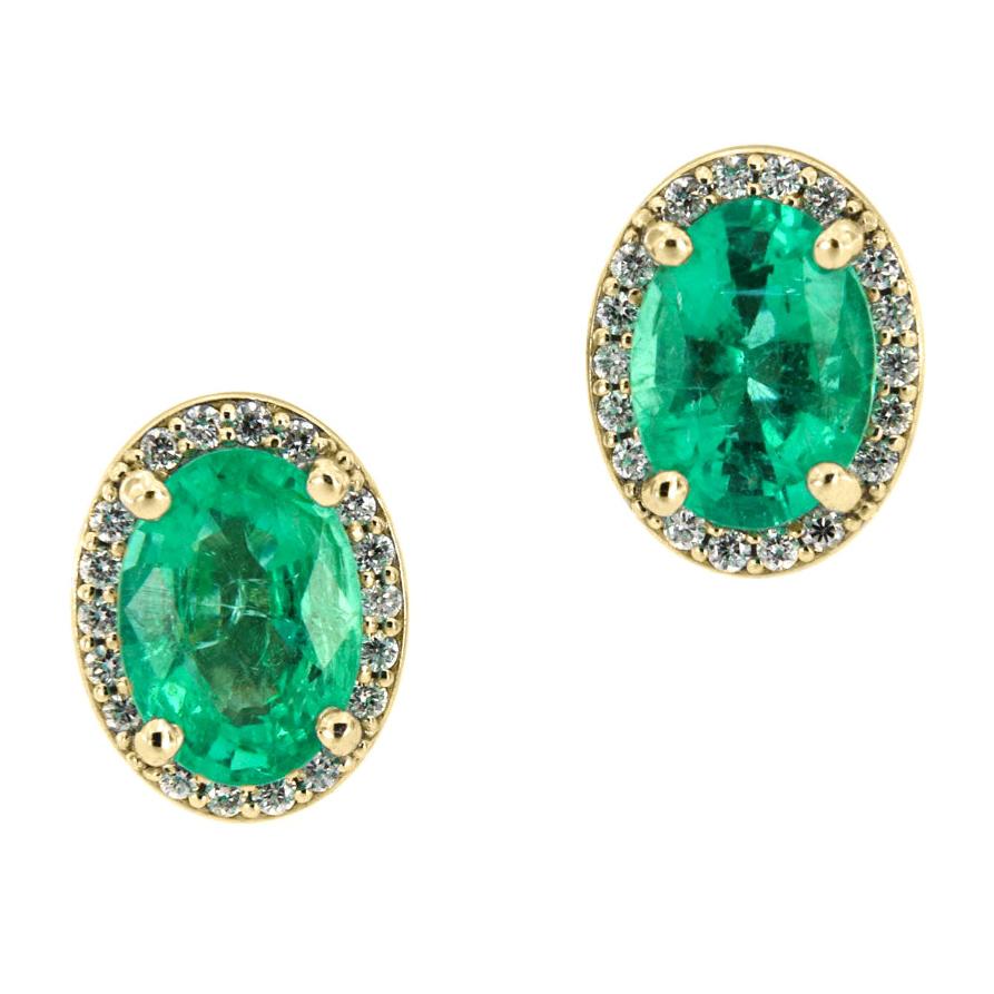 14 Karat Yellow Gold Halo Diamonds and Emeralds Earrings '1 1/2 Carat' For Sale
