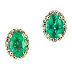 14 Karat Yellow Gold Halo Diamonds and Emeralds Earrings '1 1/2 Carat'