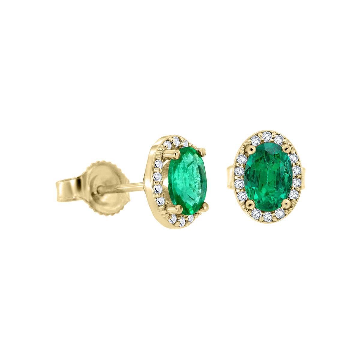 Round Cut 14 Karat Yellow Gold Halo Diamonds and Emeralds Earrings '4/5 Carat' For Sale