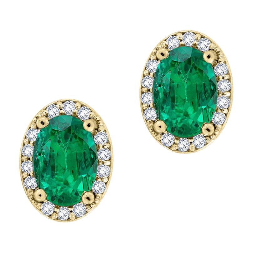 14 Karat Yellow Gold Halo Diamonds and Emeralds Earrings '4/5 Carat' For Sale