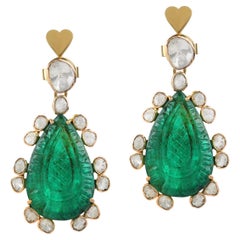 14 Karat Yellow Gold Halo Drop Earrings with Uncut Diamonds and Emeralds