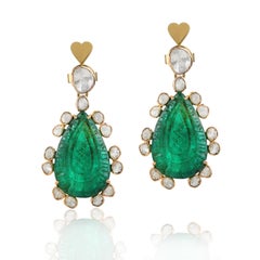 14 Karat Yellow Gold Halo Drop Pendent Necklace with Uncut Diamonds and Emeralds