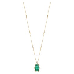 14 Karat Yellow Gold Halo Drop Pendent Necklace with Uncut Diamonds and Emeralds