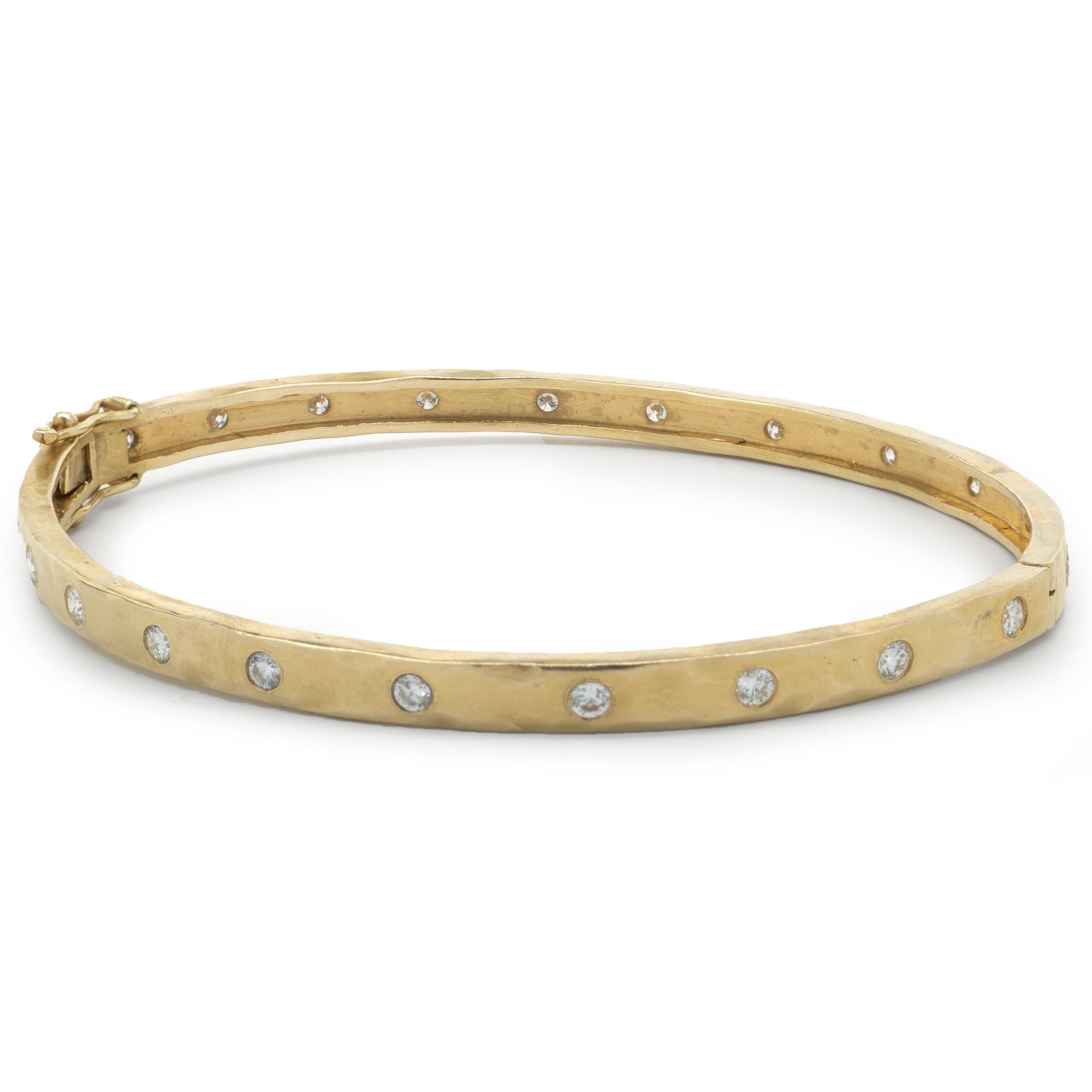 Round Cut 14 Karat Yellow Gold Hammered Diamond Bangle Bracelet