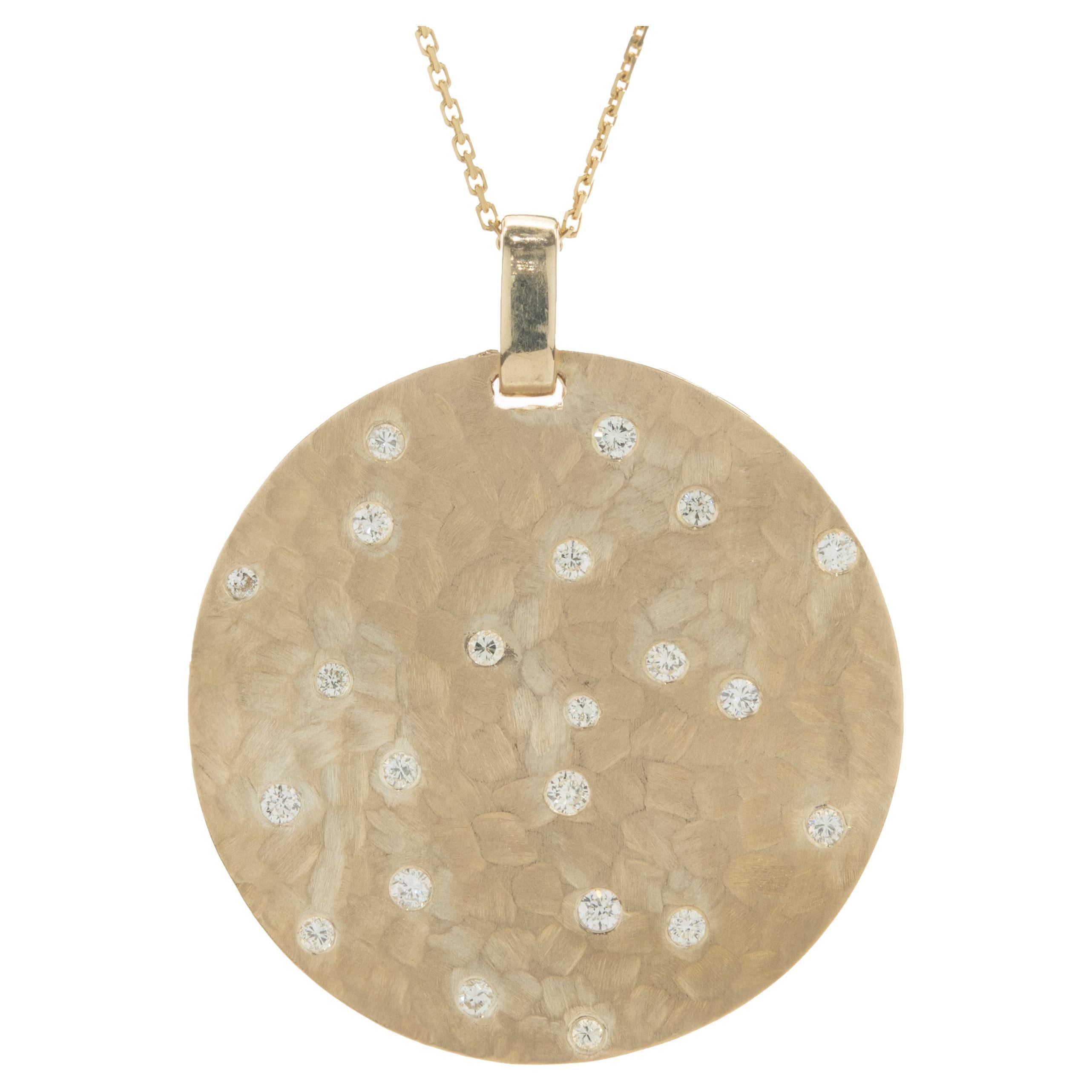 14 Karat Yellow Gold Hammered Diamond Sprinkle Disc Pendant