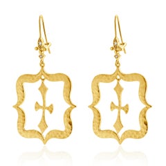 14 Karat Yellow Gold Hammered Fluer de Lis Cross Drop Earrings