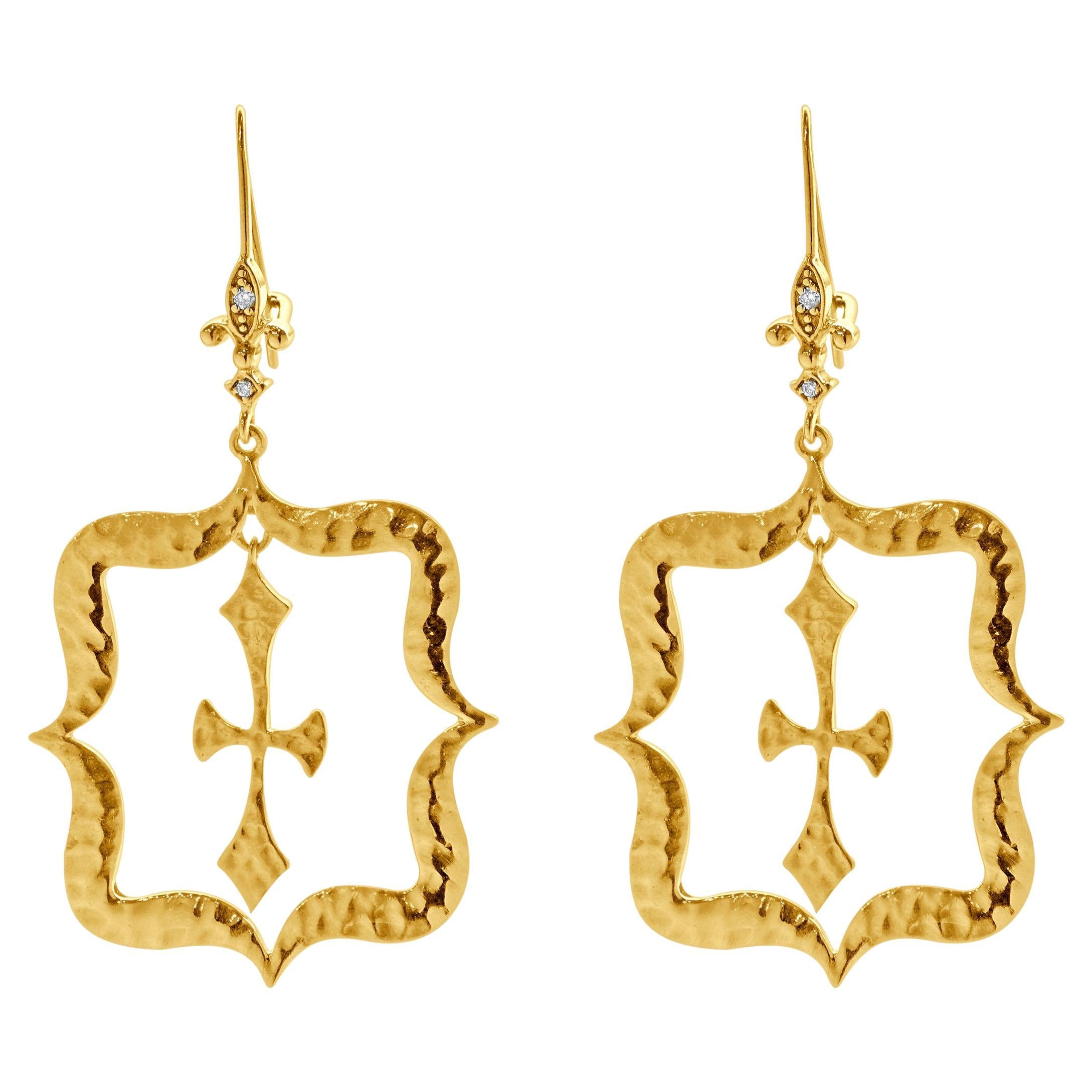 14 Karat Yellow Gold Hammered Fluer de Lis Cross Drop Earrings  For Sale