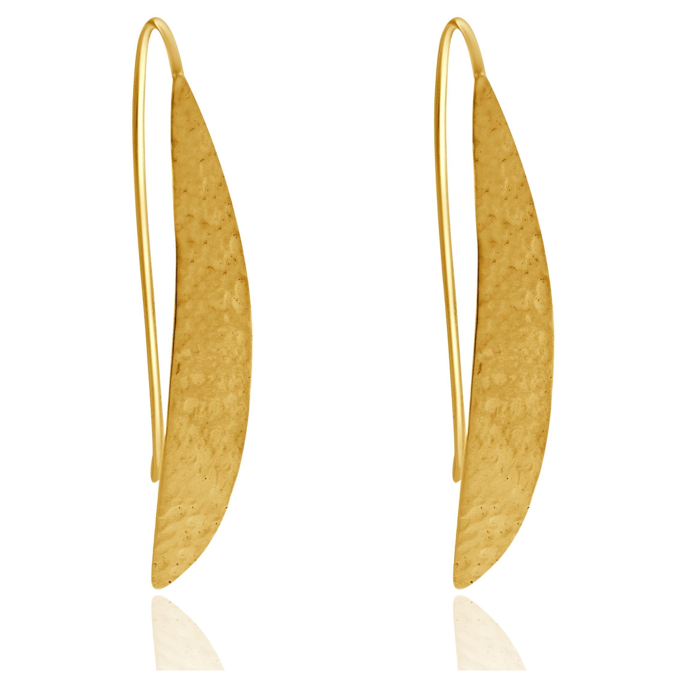 14 Karat Yellow Gold Hammered Leaf Drop Earrings For Sale