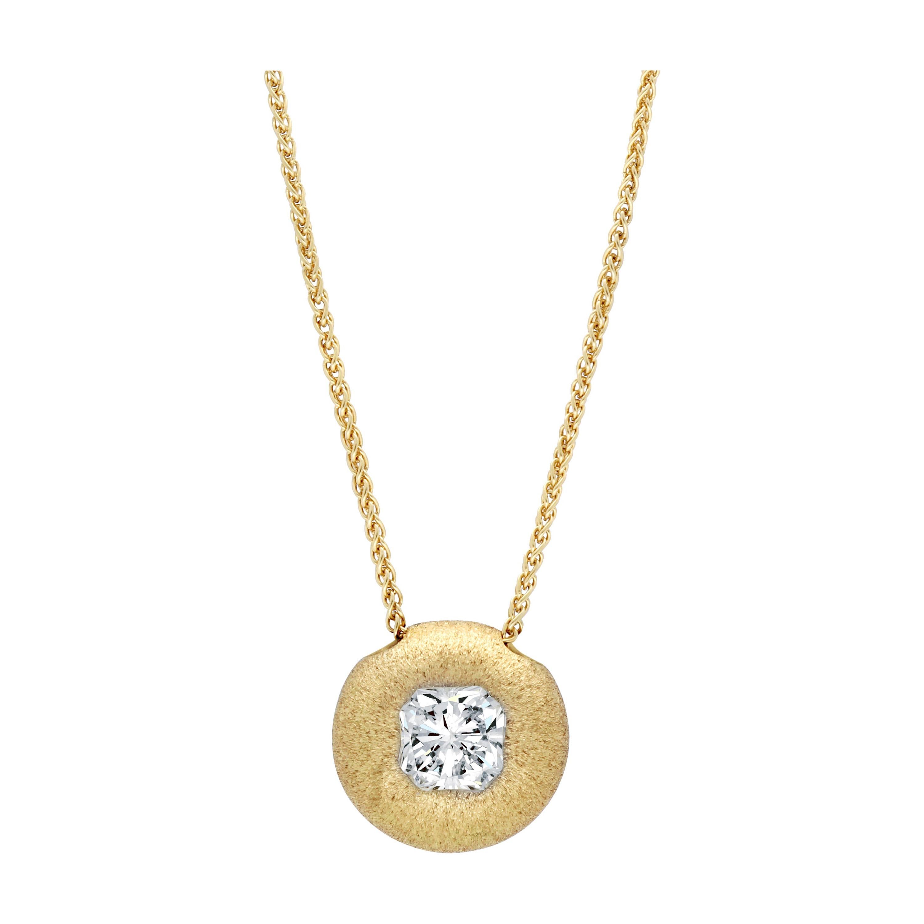 14 Karat Yellow Gold Hammered Pendant with a 
1.01 Ct
 Radiant Cut Diamond For Sale