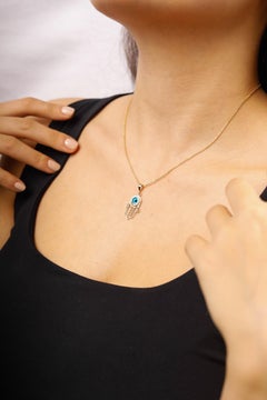 Massiv 14 Karat Gelbgold Hamsa Hand Emaille Charm-Anhänger mit bösen Augen