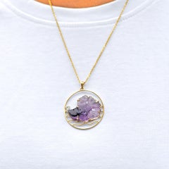 14 Karat Yellow Gold Hand-Carved Amethyst Fish Diamond Pendant Necklace