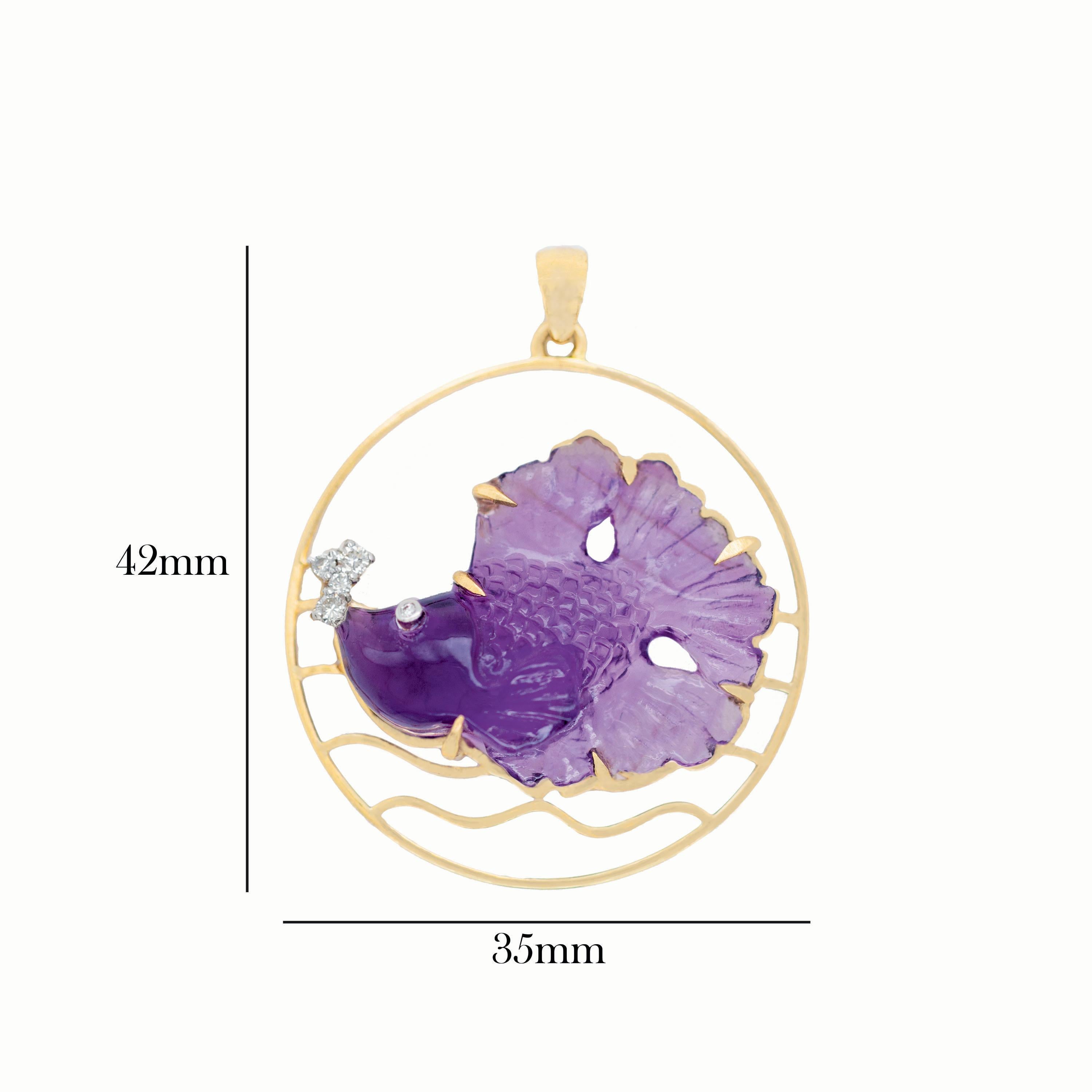 Mixed Cut 14 Karat Yellow Gold Hand-Carved Amethyst Fish Diamond Pendant Necklace For Sale
