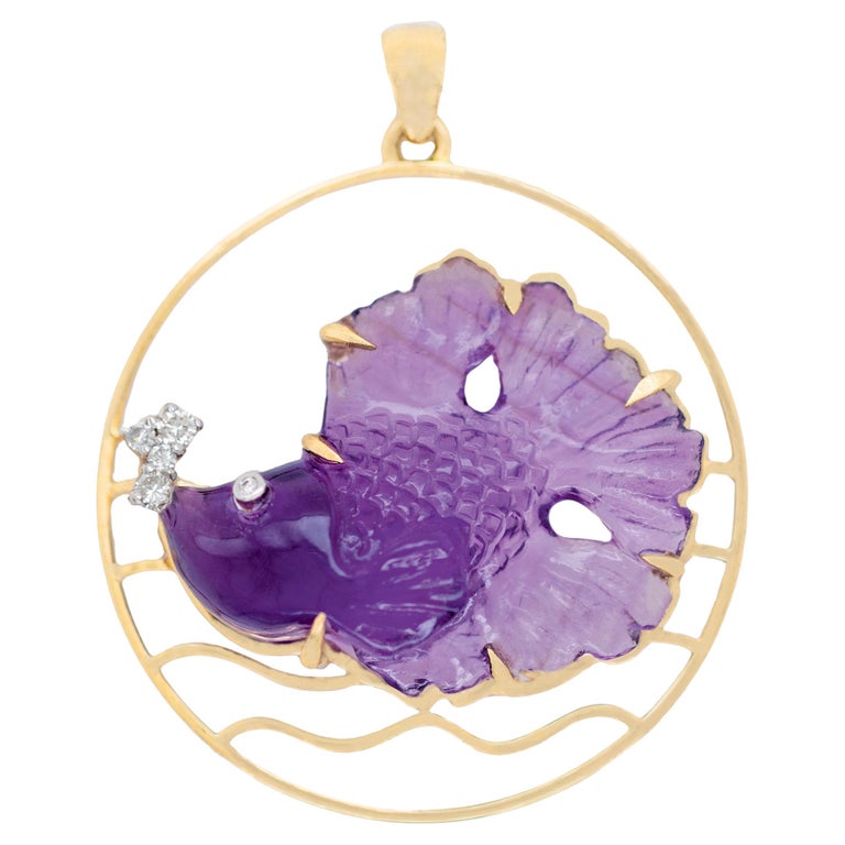 14 Karat Yellow Gold Hand-Carved Amethyst Fish Diamond Pendant