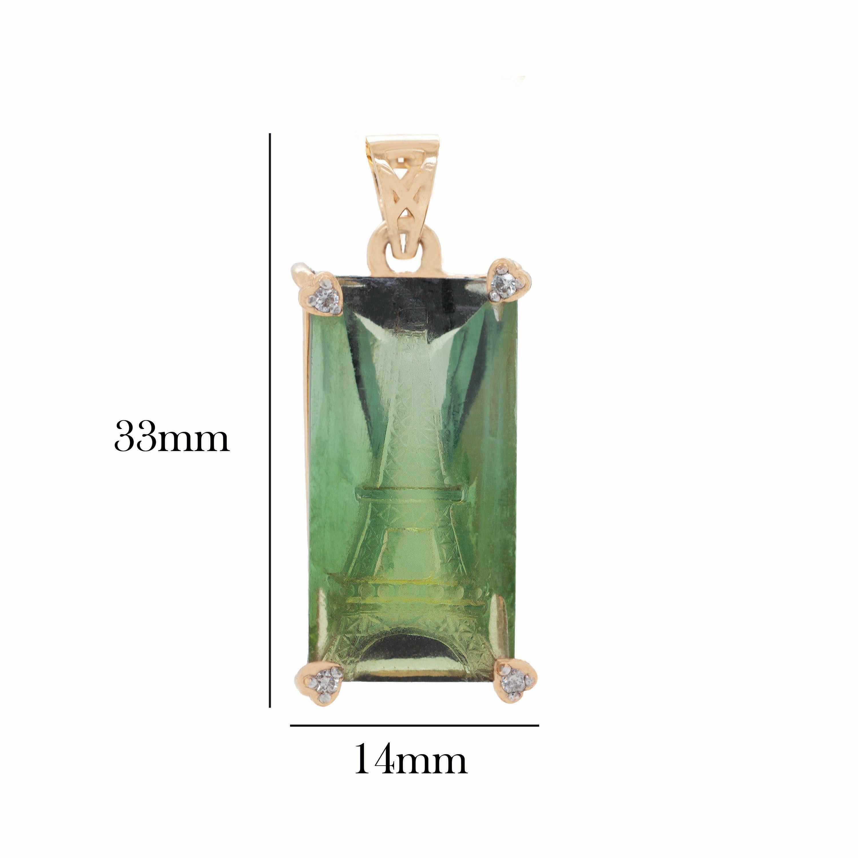 Ciondolo in oro giallo 14 carati scolpito a mano con tormalina verde e diamante della Torre Eiffel In condizioni Nuovo in vendita a Jaipur, Rajasthan