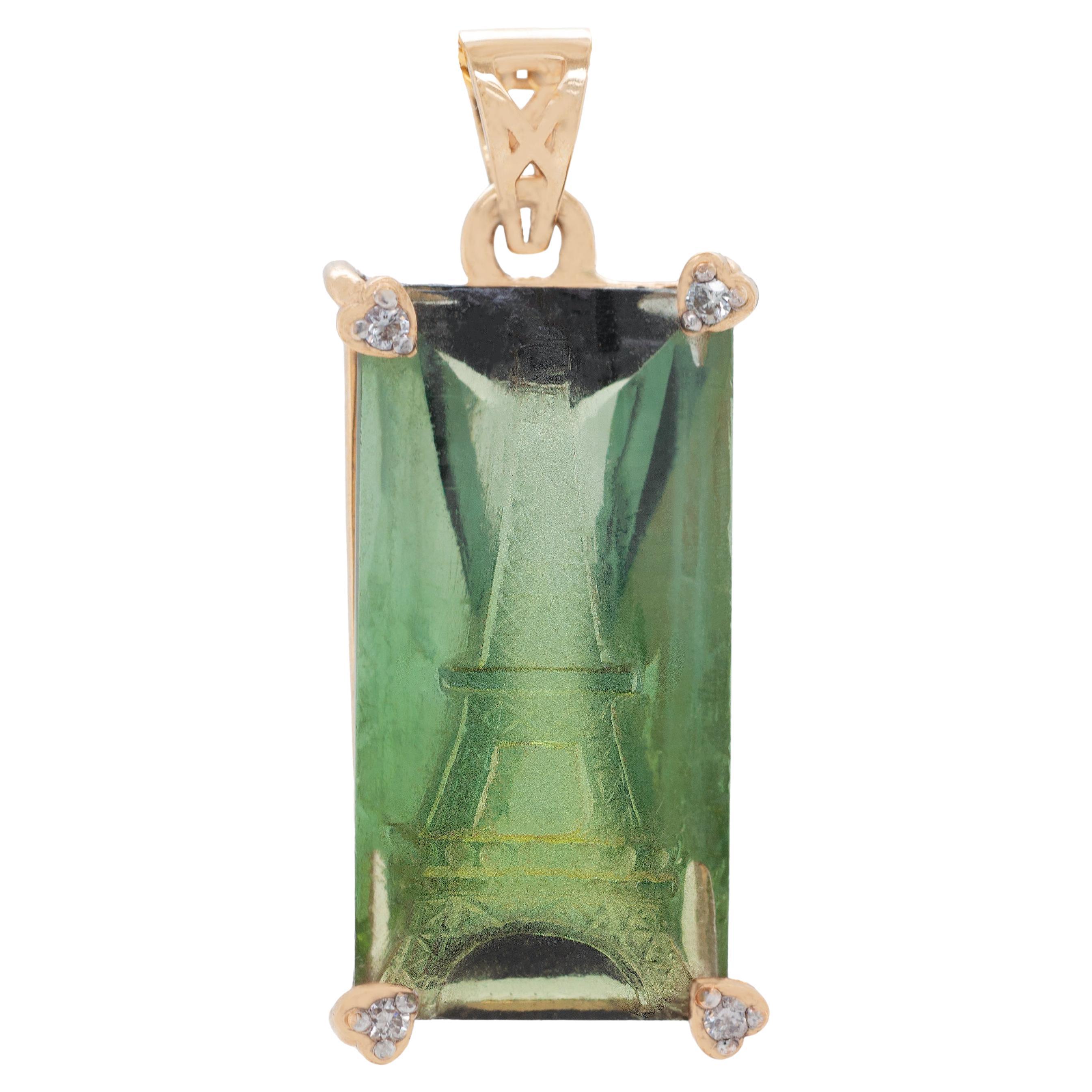 14 Karat Yellow Gold Hand-Carved Eiffel Tower Green Tourmaline Diamond Pendant
