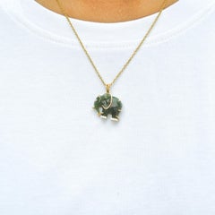 14 Karat Yellow Gold Hand-Carved Nephrite Jade Elephant Diamond Pendant Necklace