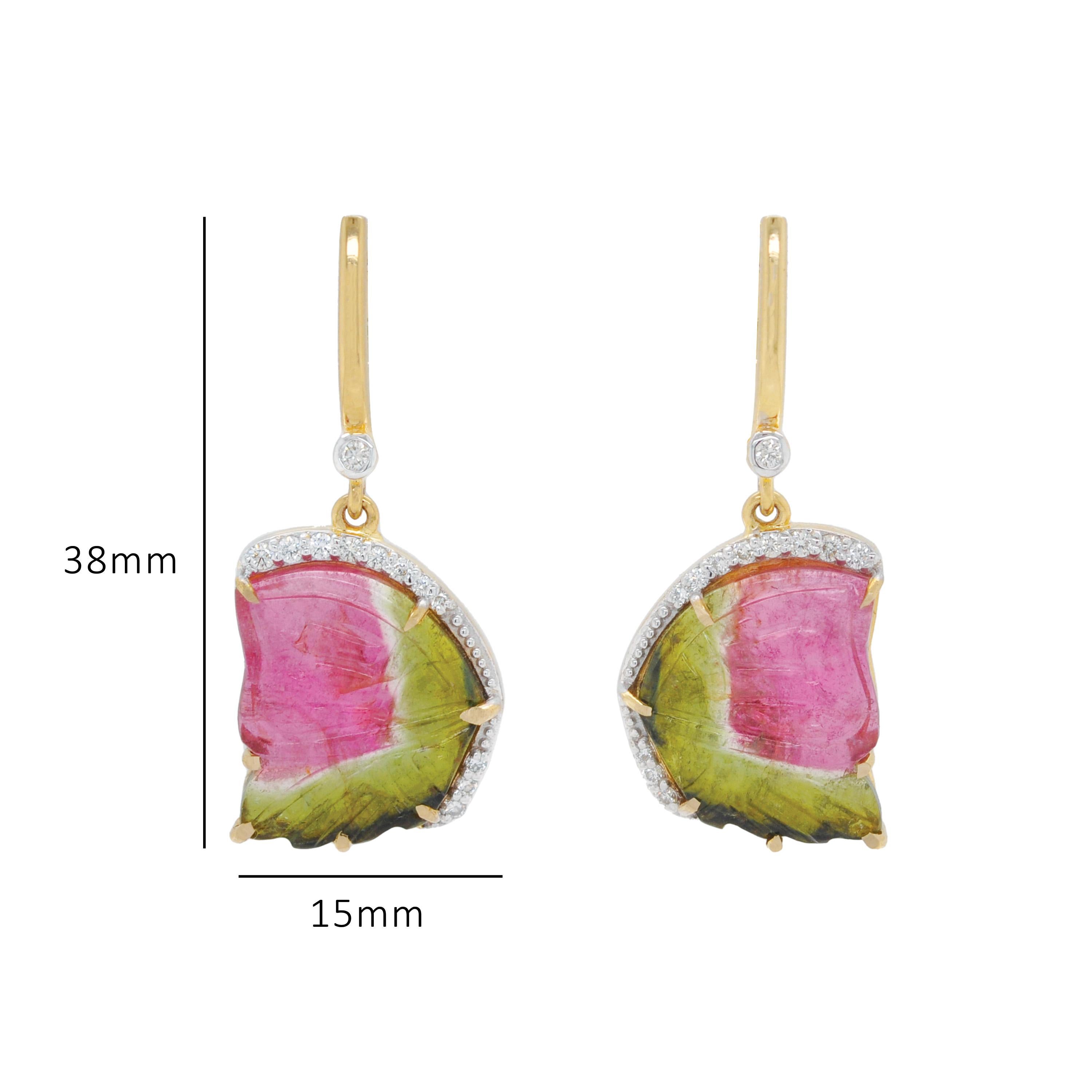 Mixed Cut 14 Karat Yellow Gold Hand-Carved Watermelon Tourmaline Butterfly Dangle Earrings For Sale