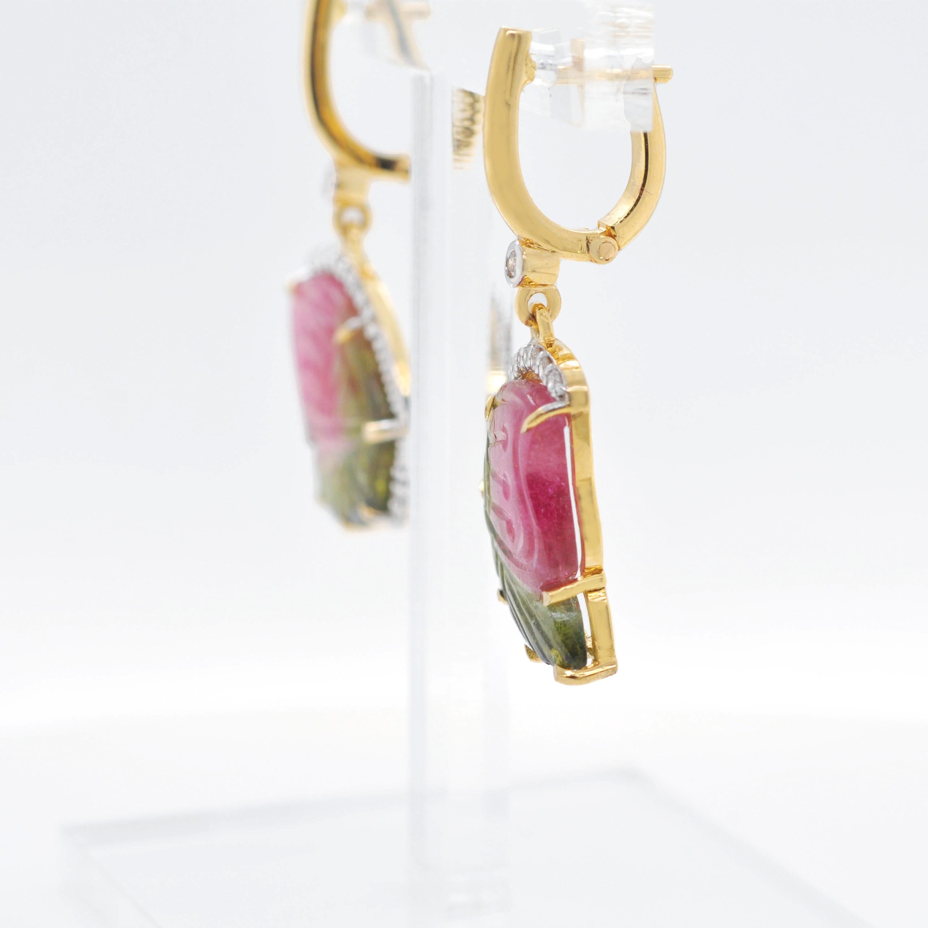 Women's or Men's 14 Karat Yellow Gold Hand-Carved Watermelon Tourmaline Butterfly Dangle Earrings For Sale