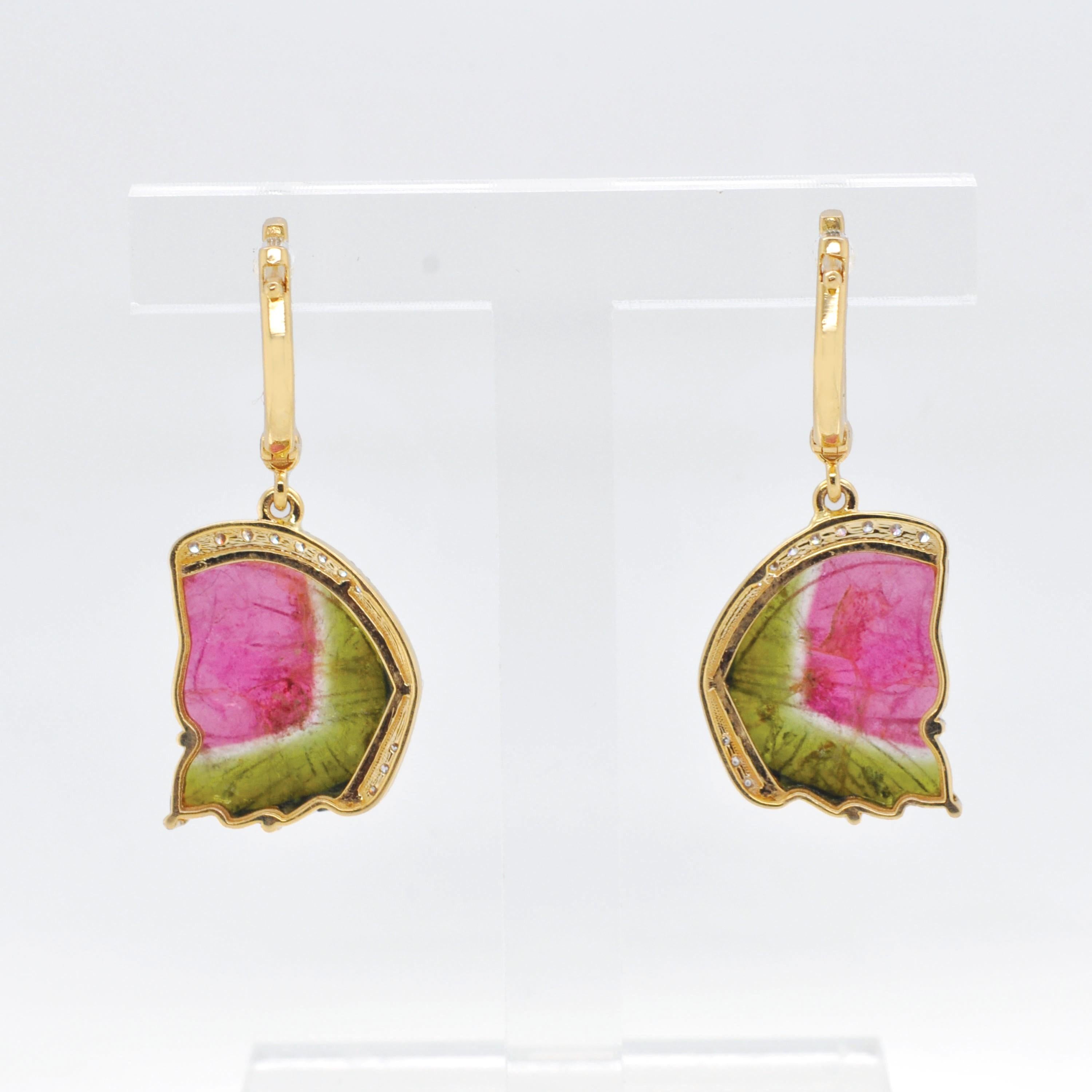 14 Karat Yellow Gold Hand-Carved Watermelon Tourmaline Butterfly Dangle Earrings For Sale 3