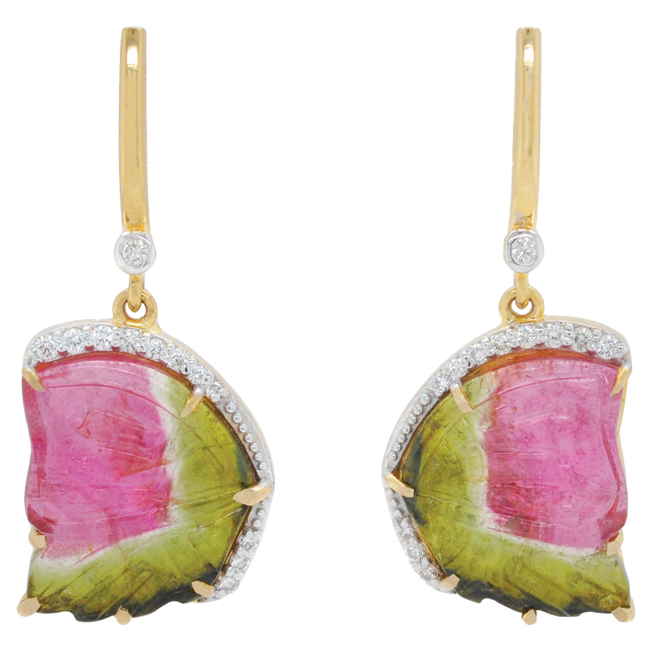 14 Karat Yellow Gold Hand-Carved Watermelon Tourmaline Butterfly Dangle Earrings For Sale
