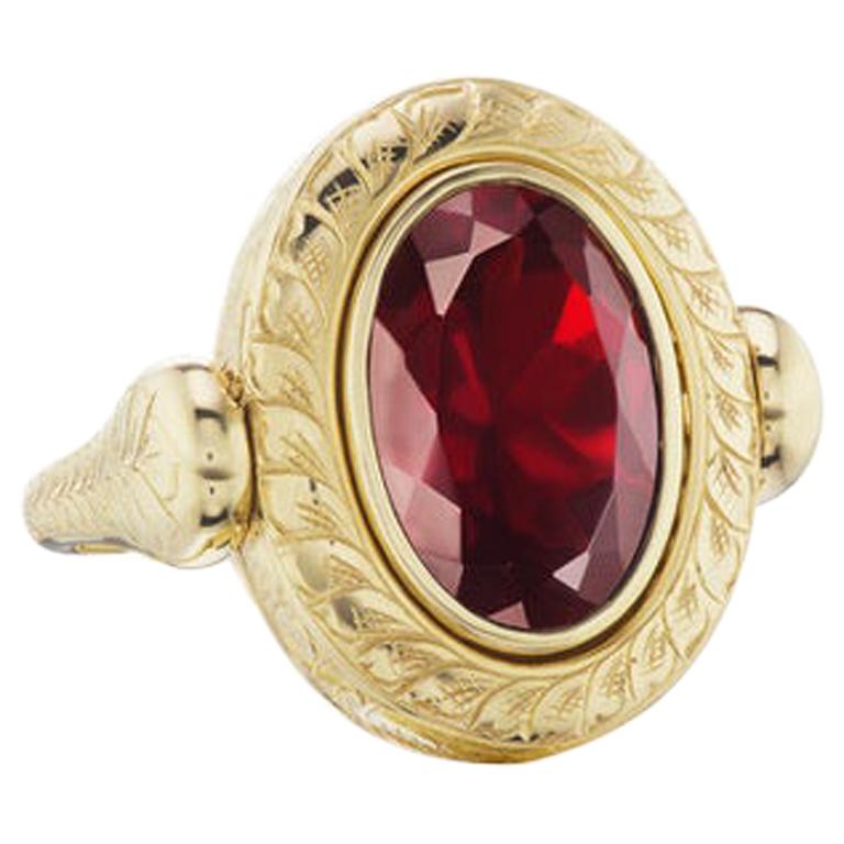 14 Karat Yellow Gold Hand Engraved Garnet Ring For Sale