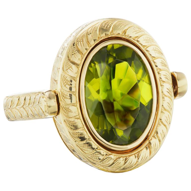 14 Karat Yellow Gold Hand Engraved Peridot Ring
