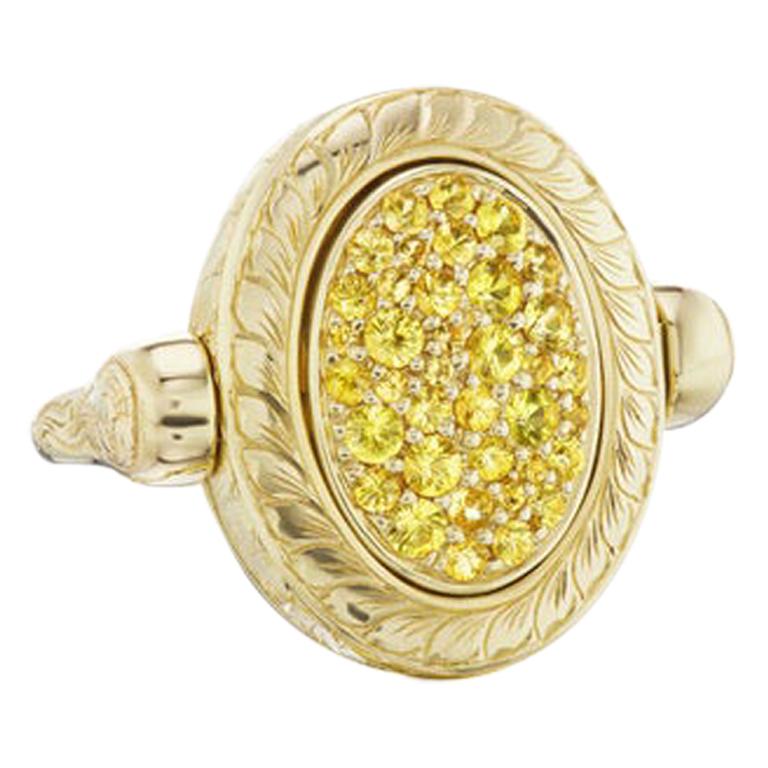 14 Karat Yellow Gold Hand Engraved Yellow Sapphire Pave Ring