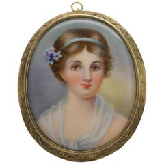 14 Karat Yellow Gold Hand Painted Porcelain Cameo Portrait Brooch Pendant