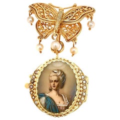 Retro 14 Karat Yellow Gold Hand Painted Portrait Miniature Brooch with Hidden Watch