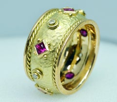 14 Karat Yellow Gold Handmade Ruby and Diamond Cigar Band