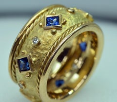 14 Karat Yellow Gold Handmade Sapphire and Diamond Cigar Band