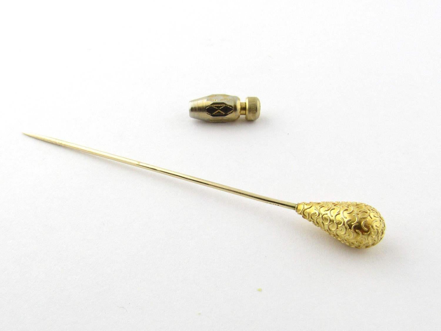 Vintage 14 Karat Yellow Gold Hat Pin-   This lovely hat pin is crafted in beautifully detailed 14K gold.   Size: 70 mm   Weight: 0.9 dwt. / 1.4 gr. (pin only)   Hallmark: 14K   Very good condition, professionally polished.   Will come packaged in a