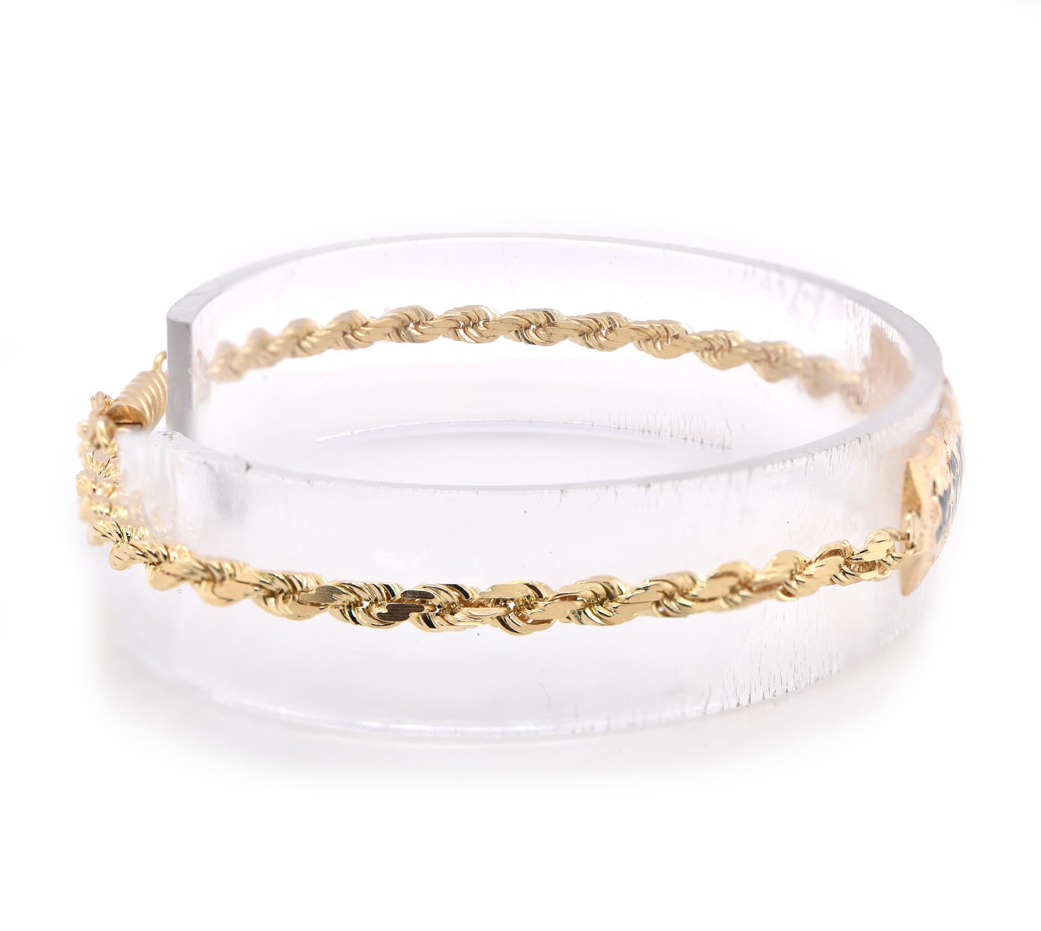 Designer: custom
Material: 14K yellow gold 
Dimensions: bracelet will fit up to a 7-inch wrist
Weight: 7.03 grams
