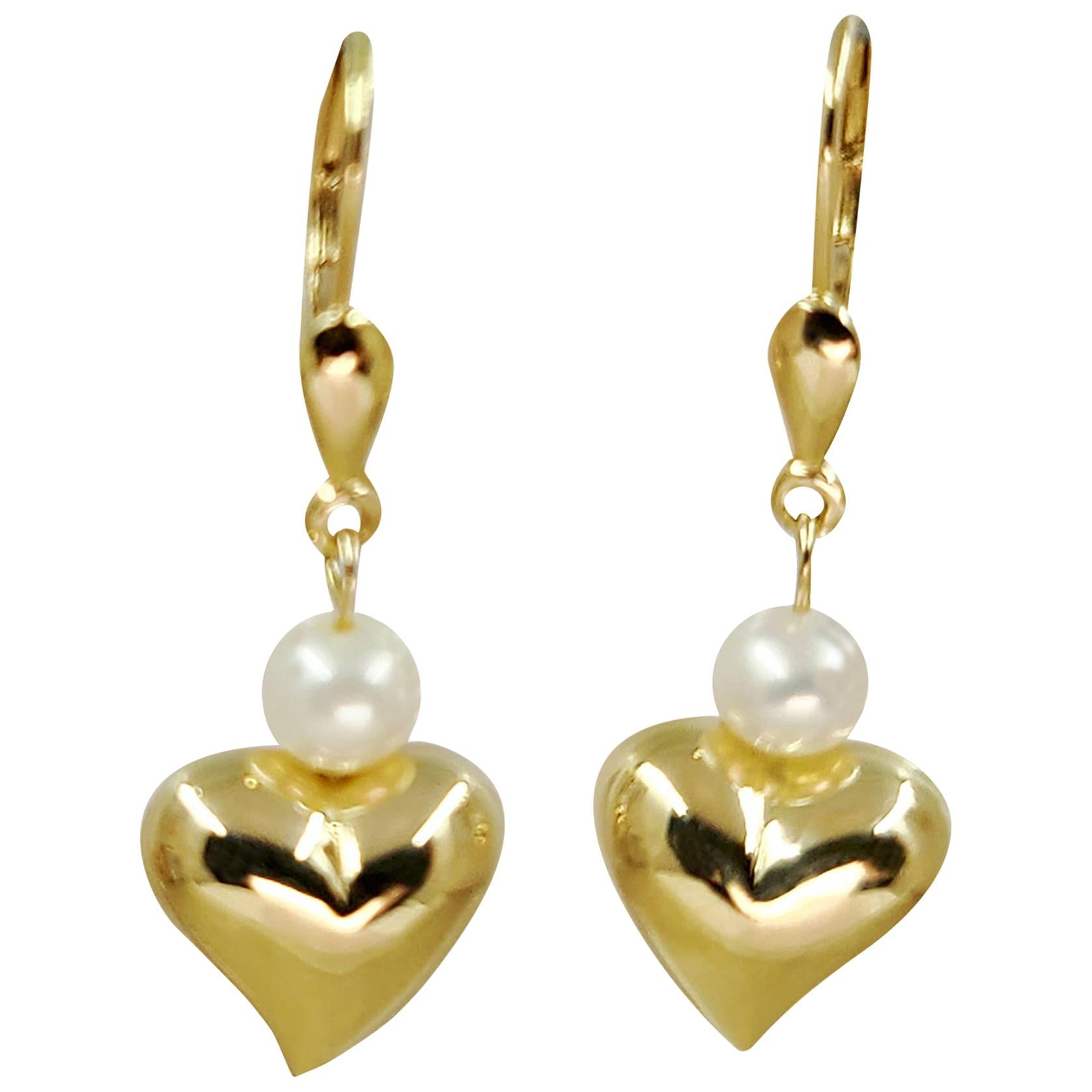 14 Karat Yellow Gold Heart and Pearl Drop Earrings