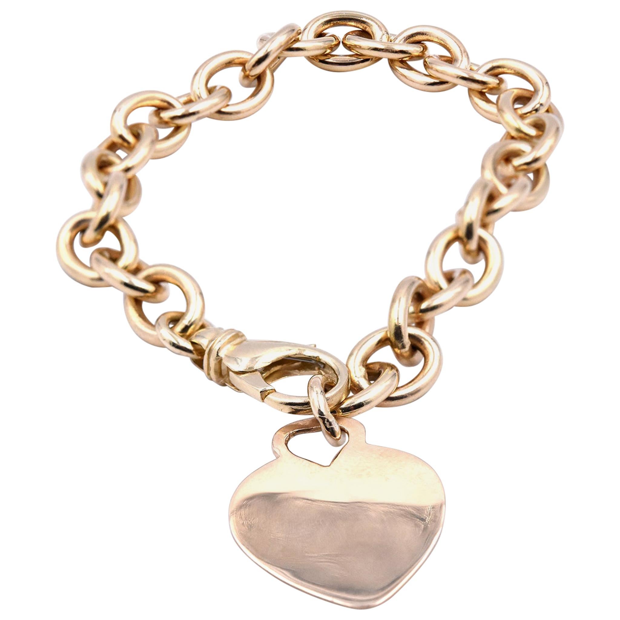 14 Karat Yellow Gold Heart ID Link Bracelet For Sale