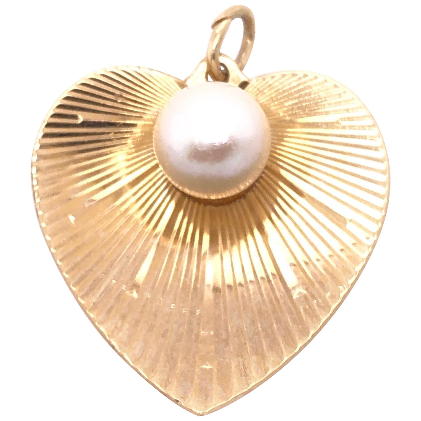 14 Karat Yellow Gold Heart Pendant with Pearl Center For Sale