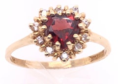 14 Karat Yellow Gold Heart Shape Garnet Solitaire with Diamond Accents Ring