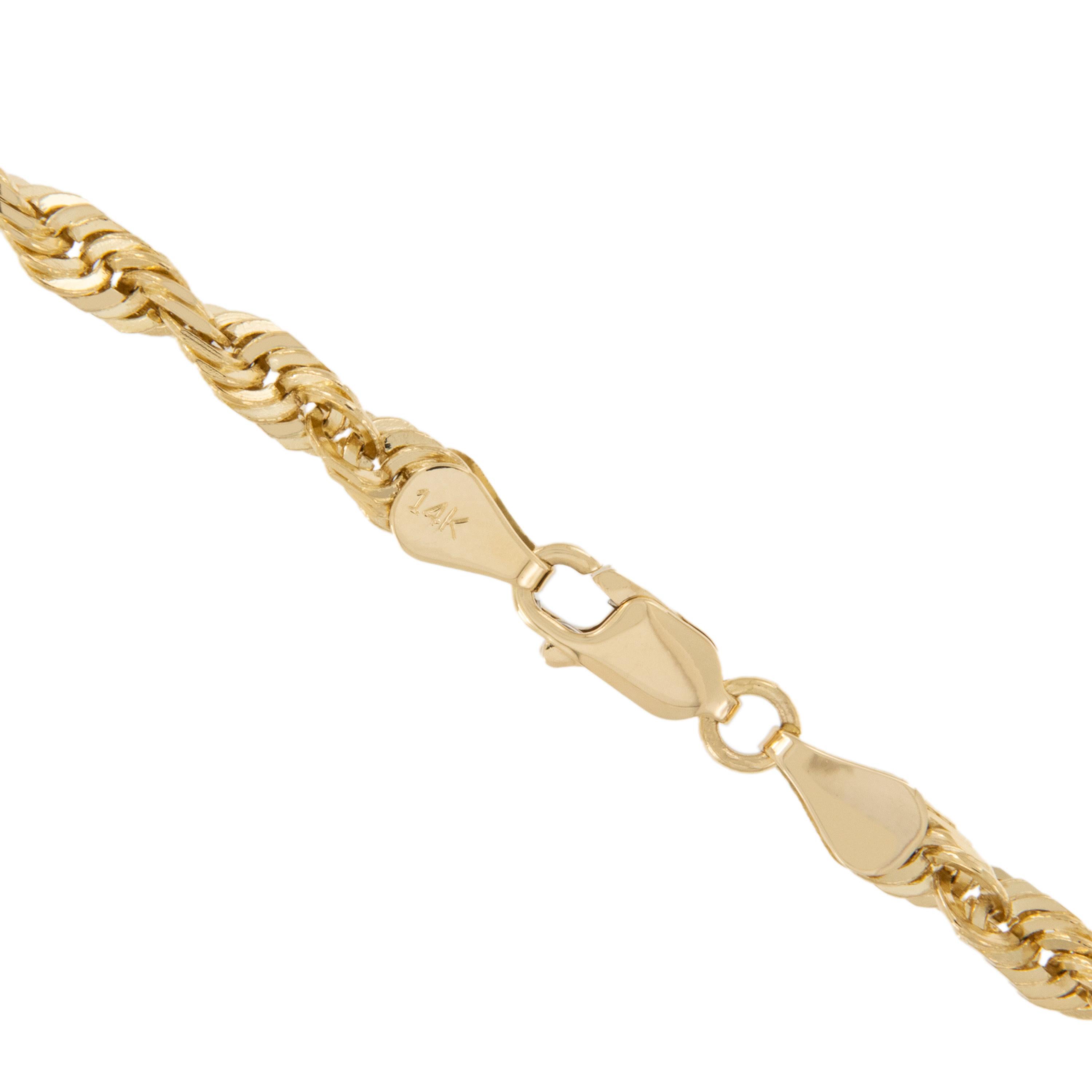 There's no fooling Mr. T - this classic diamond cut rope chain looks fantastic by itself or as the holder of your special pendant. Chain is 14 karat yellow gold, an impressive 5mm wide, 22